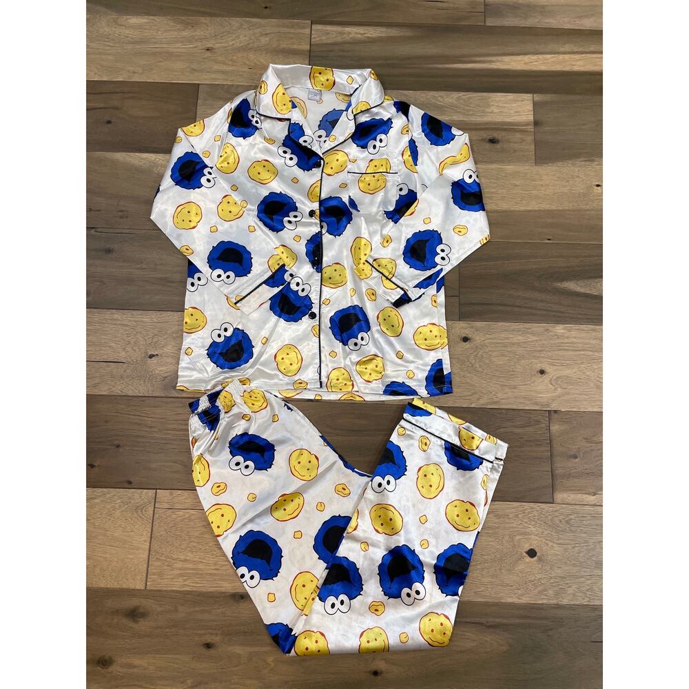 Sesame Street Cookie Monster Satin Pajama Set Girls XL 14/16 White Lightweight